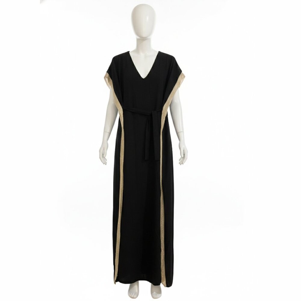 Elan Black & Gold Metallic Trim V-Neck Maxi Dress